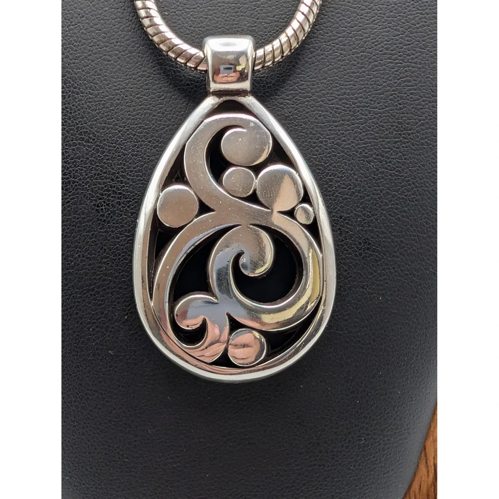 Brighton Silver Tone Teardrop Scroll Openwork Pendant Snake Chain Necklace